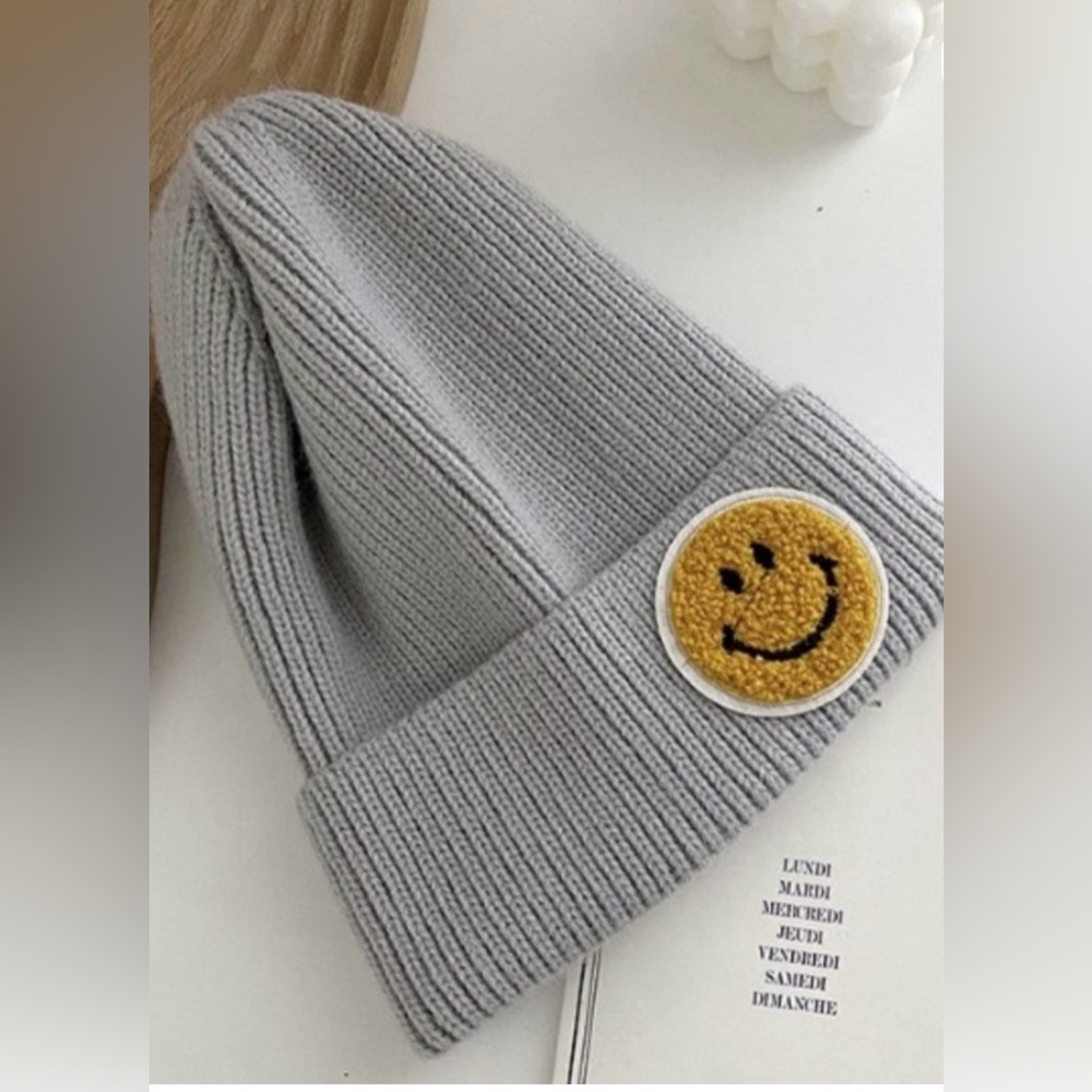 Gray Knit Beanie with Smiley Patch